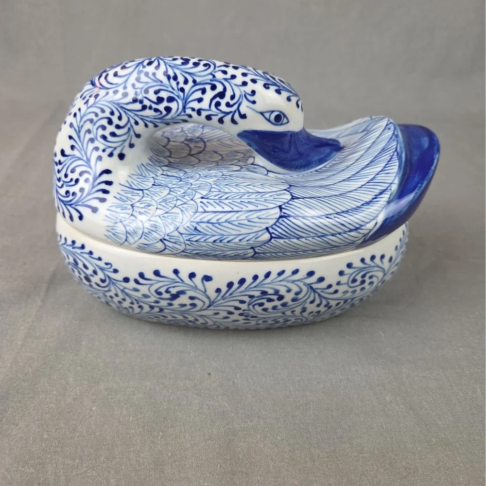 Vintage Blue & White Porcelain Swan Covered Bowl Trinket Box